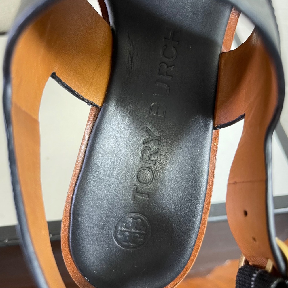 Tory Burch Selby Black Leather Wedge Sandals Ankle Strap Women's US 5.5 M - Picture 8 of 12